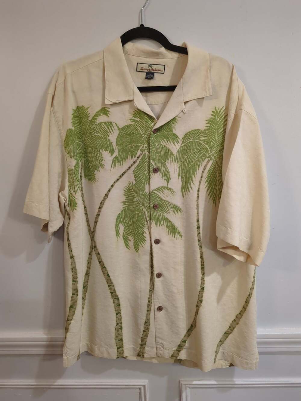 Tommy Bahama Silk Palm Tree Hawaiian Shirt XL Cream Short Sleeve - Picture 1 of 5